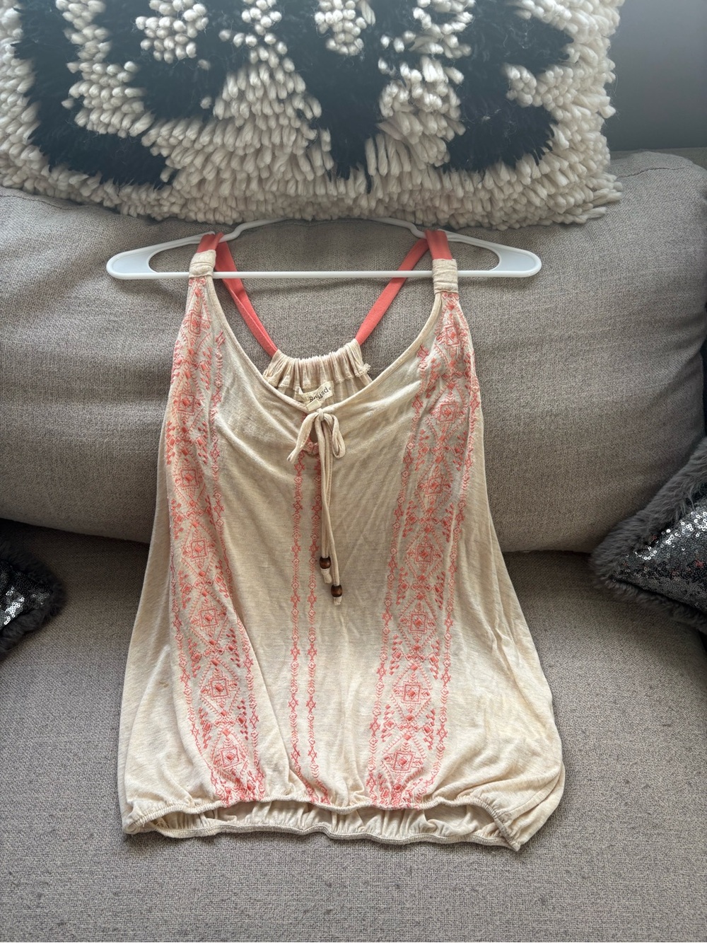 Rewind Cream Tank with Coral Embroidery & Straps